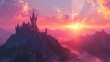 In this 3D illustration, a majestic castle perches atop a hill, basking in the warm glow of the sunrise. The first light of dawn paints the sky with soft hues of orange and pink, casting a serene