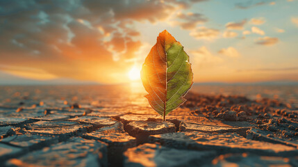 Climate change and Global warming concept. Burning leaf at land of cracked earth metaphor drought and Green leaf with river and beautiful clear sky metaphor Abundance of Nature