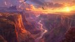 The image captures the grandeur of a canyon with the warm glow of the sunrise, highlighting the intricate rock formations and the river below