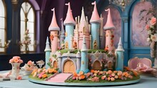 A Whimsical Cake Shaped Like A Fairytale Castle, Complete With Turrets, Drawbridges, And Colorful Sugar Flowers Adorning Its Walls.