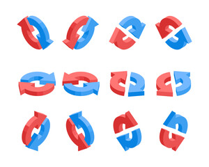 isometric set of round arrows, in color on a white background, pointers for infographics and design