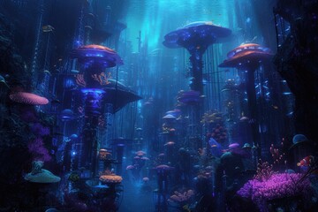 Wall Mural - An underwater city with bioluminescent coral, schools of colorful fish, and ancient ruins, all illuminated by the eerie glow of an underwater volcano. Resplendent.