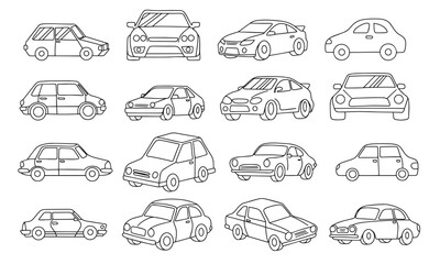 Wall Mural - Collection of cars isolated on transparent background. Hand drawn vector art.