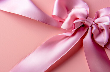 Beautiful pink satin ribbon with bow on pink. Gift or holiday concept. Mothers Day,