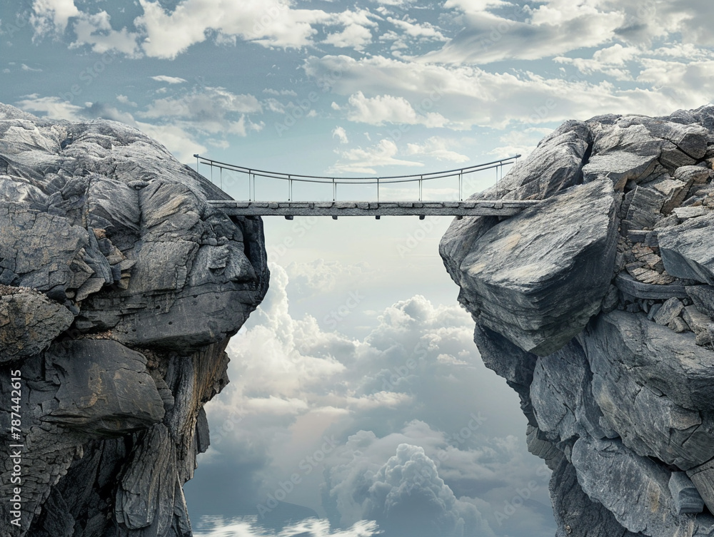 A bridge built from either side of a chasm by two teams, meeting ...