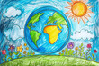 Children pencil drawing of planet Earth with flowers and sun,  Earth Day