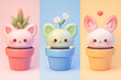 Cute kawaii house plants with heads in colorful pots illustration