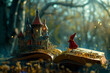 Open old book with magic castle and hooded figure in fairy wood
