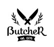 Butcher logo emblem. Meat shop typography icon. Butchery store vector design element. Vector illustration with meat knife. Butcher logo template. Fresh meat shop. Vintage kitchen logo.