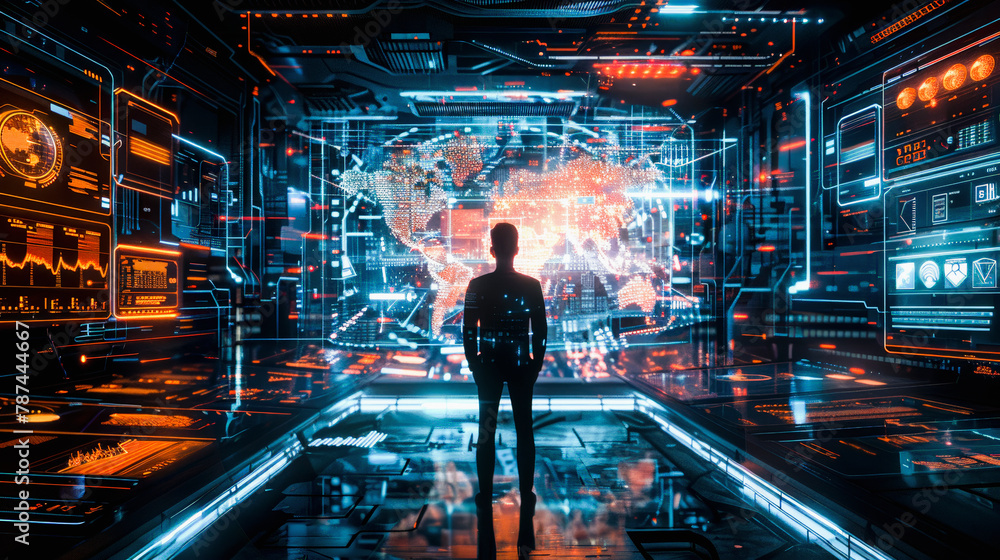 A person stands before an advanced futuristic control panel with ...