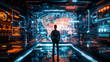 A person stands before an advanced futuristic control panel with holographic world map and data screens inside a high-tech room, Everyday Business