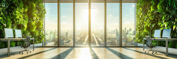 Wall Mural - Modern Corporate Office with Cityscape Views, Bright, Spacious Interior, Contemporary Business Design