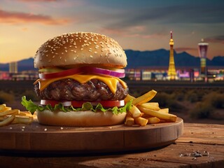 A mouth watering yummy large burger on wooden stand in the sandy desert. Homemade unhealthy fast food, copy space.