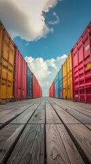 Wall Mural - Row of colored cargo containers on both sides on a sunny day, cargo transportation