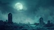 spooky cemetery landscape with old tombstones and eerie fog under full moon horror halloween illustration