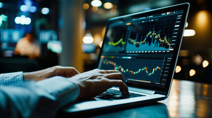 Wall Mural - person analyzing financial data on laptop with stock market graphs at night in a modern office setti