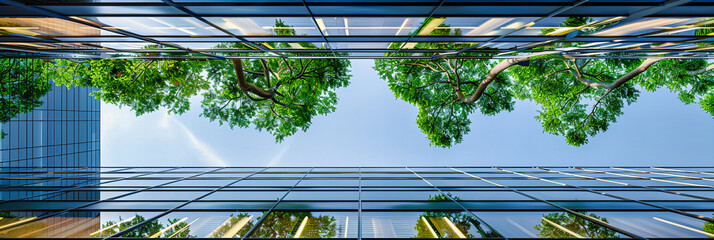 Wall Mural - Modern Glass Office Building Amidst Greenery, Urban Architecture with Blue Sky Background