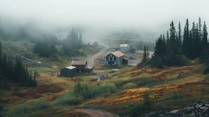 Gold mining, open pit with waste sand and earth for gold ore mining, houses of gold miners and buildings for mining, , mining of minerals and ores and precious metals