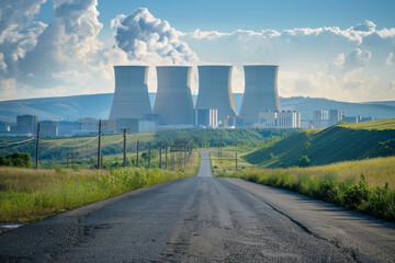 View from afar of a nuclear power plant, operating nuclear reactors against the backdrop of nature, peaceful atom