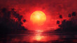 © Lee - Tropical sunset with red sky and palm tree silhouettes, paradise landscape