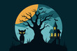 Create a minimalist Halloween t-shirt design with a simple black cat silhouette, spooky halloween tree silhouette, spooky ancient ghost house silhouette  against a full moon background