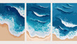 © LOVE VECTOR - Hand drawn vector illustrations of aerial view of ocean waves reaching the coastline, beach, sand, sea shore with blue waves, top view overhead seaside. isolated cards. Travel concept.