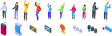 Fototapeta Panele - Winning guessing game icons set isometric vector. Show player. Stand button