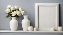 A Photo Of A Blank White Picture Frame And Two Vases Of White Flowers Sitting On A White Table Against A Beige Wall In The Background.

