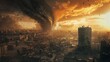  In a gripping 3D render, a colossal tornado dominates the skyline, its swirling vortex engulfing an entire city in its destructive path. 