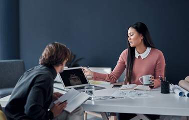 Sticker - Teamwork, architecture or discussion with laptop screen for planning, remodeling design and building ideas. Engineering, people and industrial project, plan layout and renovation strategy in office