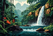 Waterfall plunging into a jungle gorge vector art illustration image.
