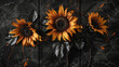 Tri-Panel Wall Art, Black Marble with Vibrant Sunflower Designs