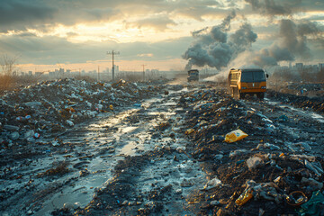 Canvas Print - A landfill site emitting biogas, captured and converted into renewable energy. Concept of waste-to-energy conversion. Generative Ai.