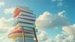 An imaginative abstract concept showing a stack of books with a ladder reaching up to the sky, symbolizing aspiration and limitless possibilities
