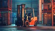A dynamic image showcasing a forklift truck transporting cargo along a road