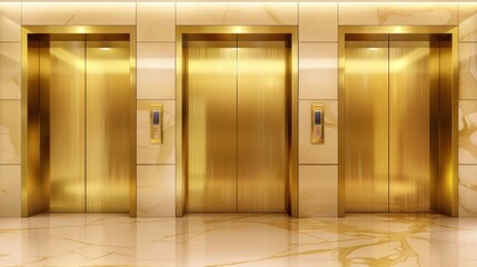 Golden elevator doors in an office hallway, showing different states from closed to half-open and fully open, reflecting a luxurious corporate environment