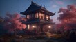 Chinese house. A Chinese house in the mountains. Mountains. Sakura. Traditional Chinese aesthetics harmonized with natural beauty.