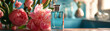 Turquoise and peonies blend in a perfume setting, creating an alluring aroma that captivates the senses