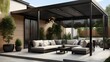  A photorealistic depiction of an extremely beautiful and modern black aluminum L-shaped outdoor patio with louvers on the roof. The scene includes seating for four people and two planters positioned 