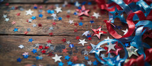 Red, White, And Blue Ribbons And Stars Arranged On A Wooden Table, Illuminated By Side Light To Create A Solemn Yet Festive Tribute To Memorial Day. Memorial Day, Independence Day ,