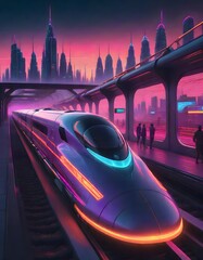 Sleek, futuristic train with a pointed nose design, traveling in a tunnel, generated with AI.