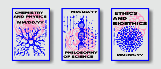 Abstract futuristic posters with organic-like complex shapes. Set of science-themed covers and flyers. 