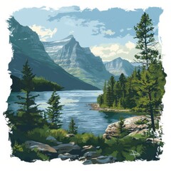 Wall Mural - A painting of a mountain lake with a forest in the background