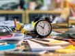 A desk cluttered with uncompleted tasks and an alarm clock repeatedly ringing, ignored by the distracted employee