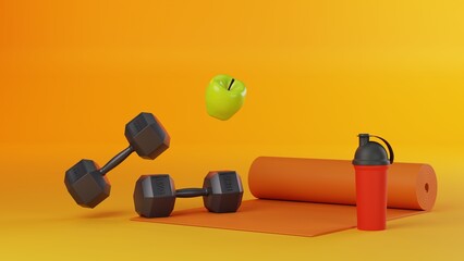 Bright sport equipment. 15 kg weights, green apple, red shaker bottle for protein and orange yoga math isolated on bright yellow background. Fitness and healthy lifestyle concept, 3d rendering