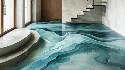 Wall Mural - Large irregular shapes in shades of blue and green are handpainted on the floor mimicking the fluidity of water. The organic forms and soothing colors bring a calming and serene atmosphere .