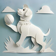 © EEKONG - Paper art style illustration of Dog playing with ball in white paper cut with blue sky background.