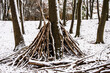 tree house made by children of branches on a snowy day in nature reserve Kruisbergse Bossen 