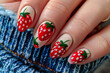 Woman's fingernails with red and white strawberry summer nail art design