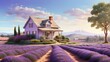 A photorealistic depiction of a small house nestled in a lavender field during a beautiful spring morning, showcasing the vibrant lavender flowers and serene natural landscape.